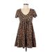 Blue Rain Casual Dress - Mini V-Neck Short sleeves: Brown Leopard Print Dresses - Women's Size Medium