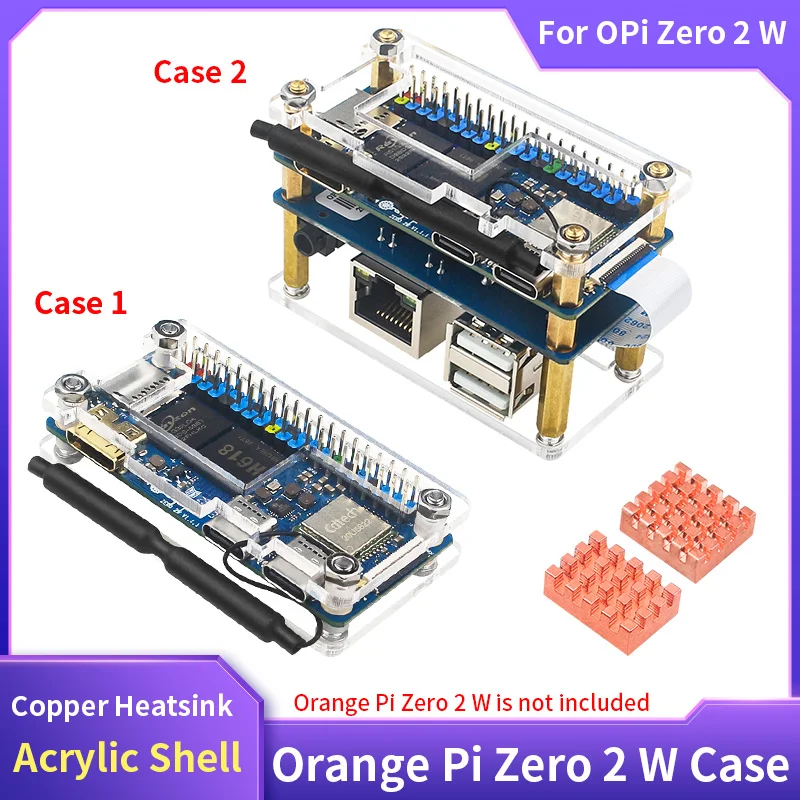 Orange Pi Zero 2 W Custodia in acrilico Scatola protettiva con guscio trasparente Dissipatore di calore in rame opzionale per computer a scheda singola OPi Zero 2W