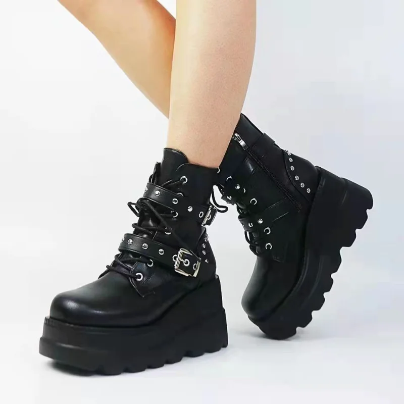 Neue frauen Pu Leder Stiefeletten Frauen Herbst Winter Runde Kappe Lace Up Schuhe Frau Motorrad Plattform Botas Gothic schuhe