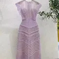 2023 neue Luxus mode lila Spitze Midi Kleid Vintage Frauen o Hals ärmellose Stickerei Blume