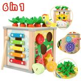 FKTOY 6 in 1 Activity Cube for Age 2+ Boys and Girls Wooden Montessori STEM Toys for Baby Educational Shape Learning Toys for Toddlers