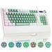 HUO JI USB Gaming Keyboard Wired with RGB LED Backlit Multimedia Volume Knob Wrist Rest Mechanical Feel Spill Resistant Ergonomic for Computer PC Xbox PS Series Desktop Green/White