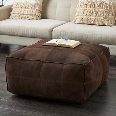 Dark Brown Leather Low Profile Square Pouf with Patchwork Design