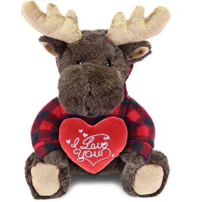 DolliBu I LOVE YOU Moose Plush with Red Plaid Hoodie with Red Heart - 10 inches