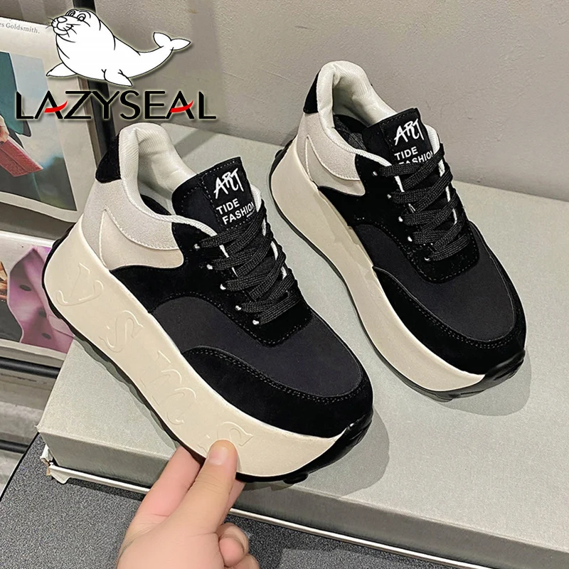 LazySeal 7,5 cm Hohe Stiefel Frauen Plattform Schuhe Einfarbig Lace Up Frühling Herbst Turnschuhe Chunky Sneaker Keil Weiß Casual schuh