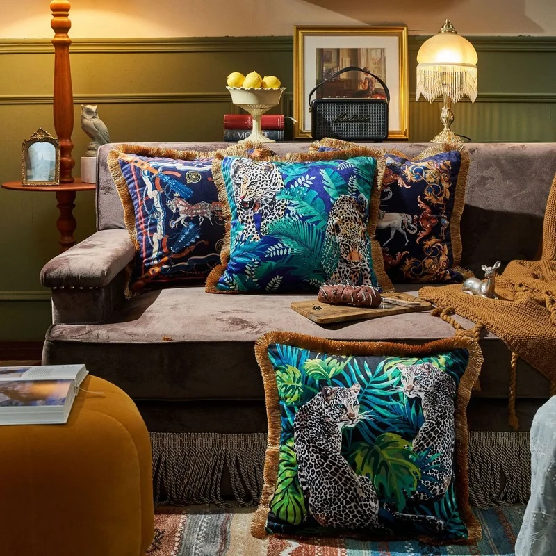 Retro Dschungel Tier Sammlung Kissen Abdeckung Luxus Gold Quaste Fringe Satin Kissenbezug Tiger Leopard Sofa Couch Home Decor Image