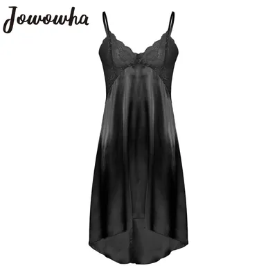 Herren Sissy Satin Nachthemd Dessous Transparente Spitze Spaghettiträger V-Ausschnitt Schlafkleid Image