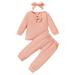 Wiueurtly 18 Month Girl Clothes Baby Girls Long Sleeve Solid Blouse Tops Cotton Pants Trousers With Headbands Outfit Set 3PCS Clothes