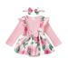 Mikrdoo Newborn Girls Clothes 0 Months Baby Girls Floral Print 3 Months Baby Girls Fake Two Pieces Ruffle Long Sleeve Bow Romper Dress With Headband 2Pcs Sets Pink