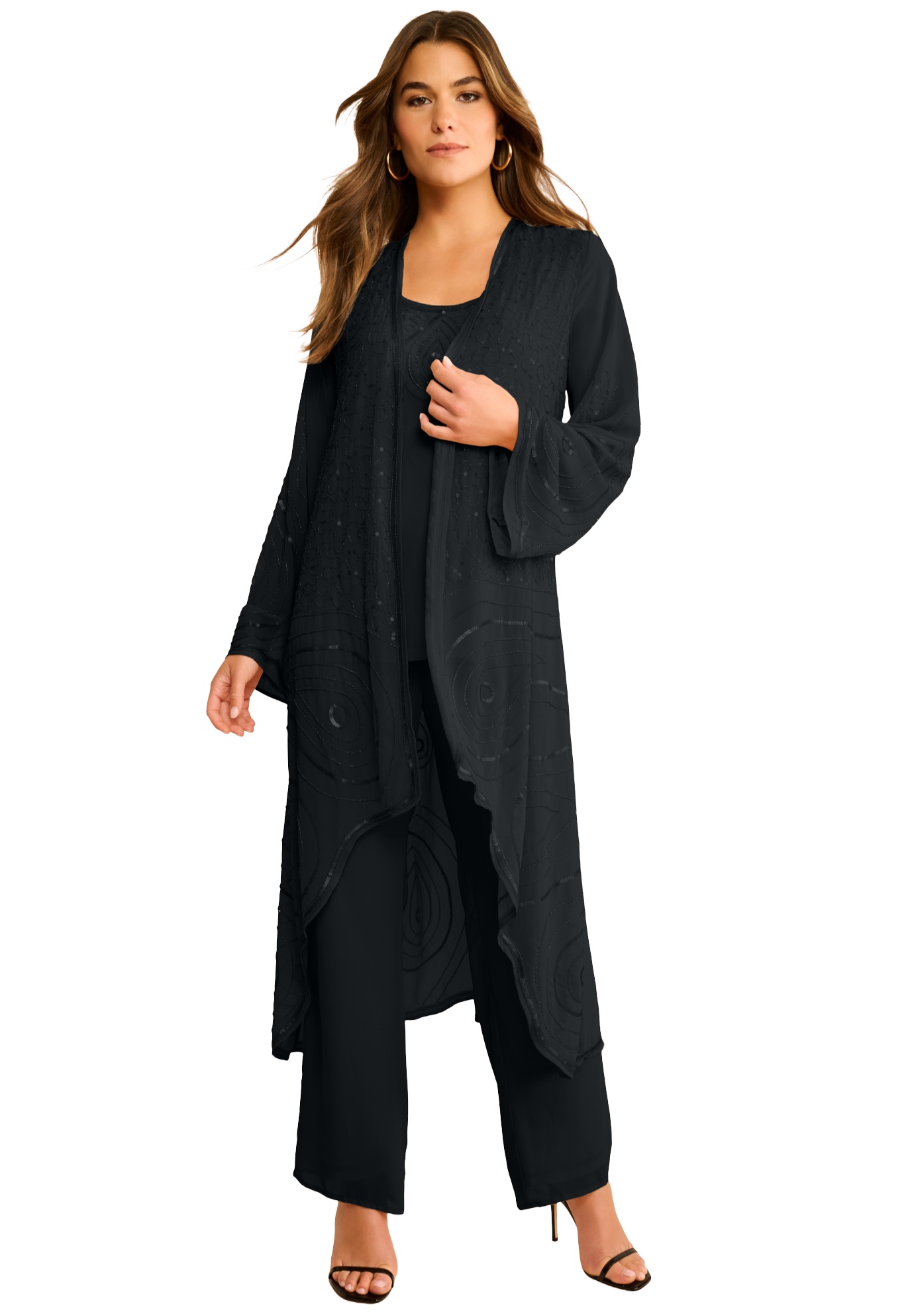 Plus Size Women's Plus Size Beaded Georgette 3-piece Pant Set – Formal Wear by Roaman's in Black (Size 14 W)