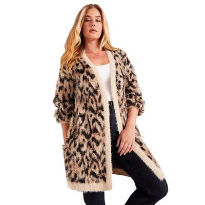 Plus Size Women's Leopard-Print Eyelash Cardigan by June+Vie in Oatmeal Jacquard Animal (Size 18/20)