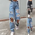 Jean Déchiré à Jambes Larges pour Femme Taille Haute Bleu Délavé Décontracté en Coton Denim