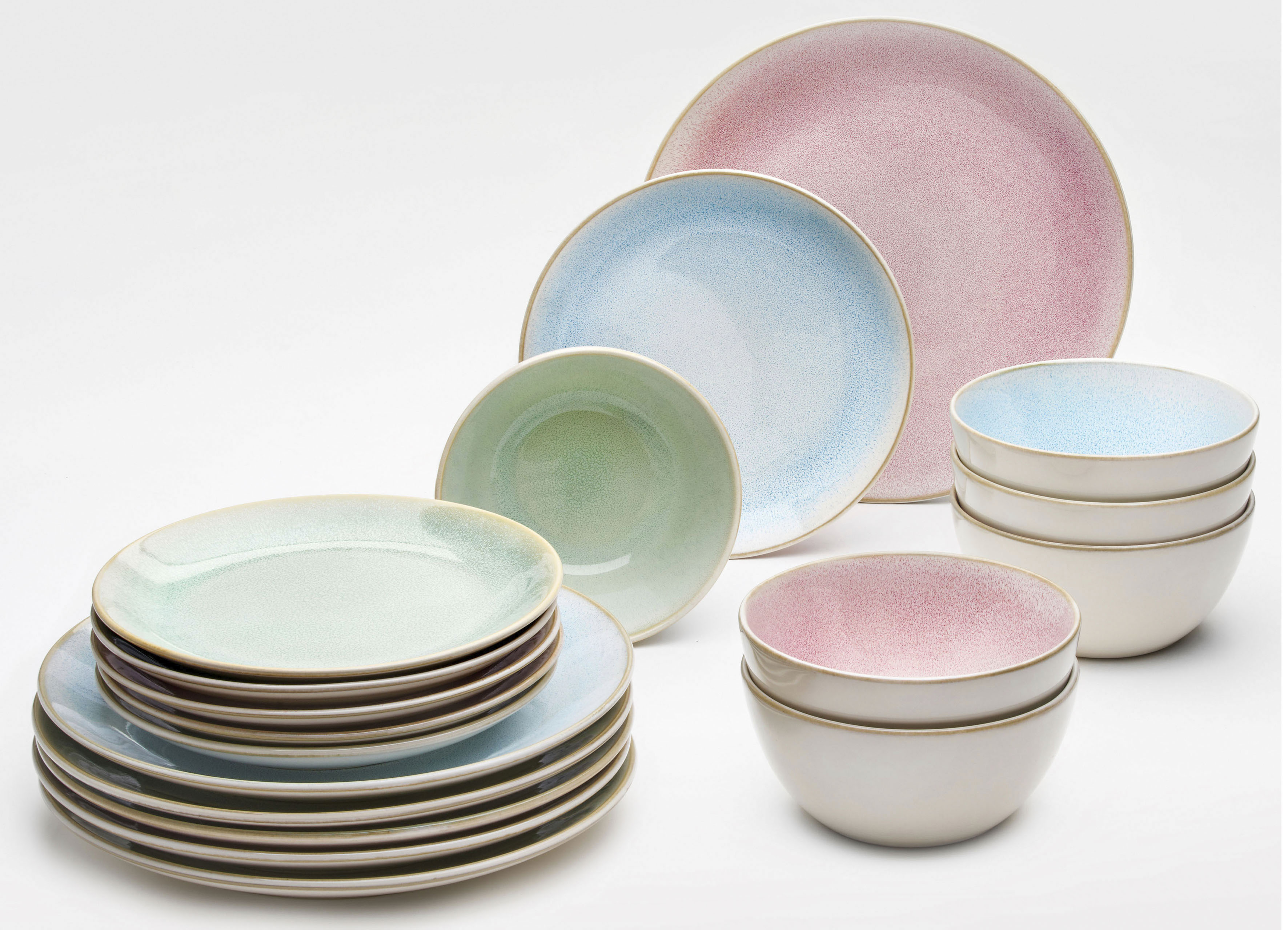 Kombiservice TÖCHTER & SÖHNE "Hanna", bunt (blau, pink), 18 Stk., Steinzeug, Geschirr-Sets, Kombiservice, reaktive Farbglasur, jedes Stück ein Unikat