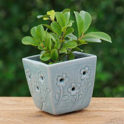 Blue Little Garden,'Celadon Ceramic Mini Planter with Floral Motif in Blue'