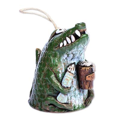 Fishing Day,'Hand-Painted Green Crocodile Ceramic Bell Ornament'