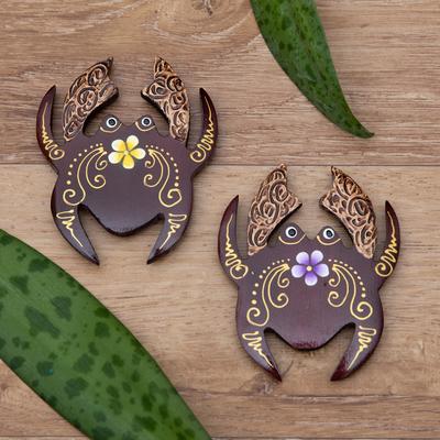 'Set of 2 Hand-Painted Floral Crab-Shaped Wood Magnets'
