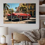 Ebern Designs Miami Cuban Car Influence - Cityscapes Canvas Art Print - 4 Panels Canvas in Red | 28 H x 48 W x 1 D in | Wayfair