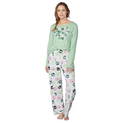 Women's Pajama Set (Size 2X) Paw Prints/Crystal Green, Cotton,Polyester