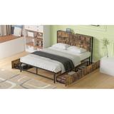 Antique Finish Metal Full Bed Frame with 4 Drawer - Black