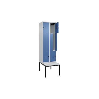 C+P Z-Spind Classic PLUS, Kunststoff untergebaute Sitzbank, 4 Abteile, HxBxT 212x60x82cm, Sicherheitsdrehriegel, Hellgrau/Fernblau von PROREGAL Image