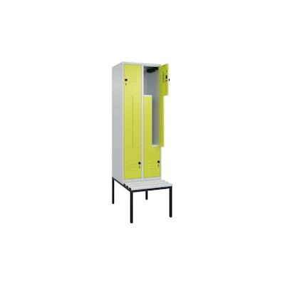 C+P Z-Spind Classic PLUS, Kunststoff untergebaute Sitzbank, 4 Abteile, HxBxT 212x60x82cm, Sicherheitsdrehriegel, Hellgrau/Clowngrün von PROREGAL Image