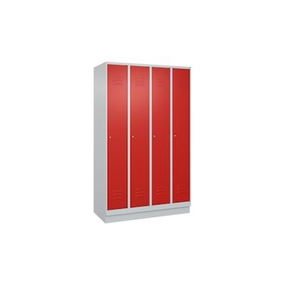 C+P Spind Classic PLUS, Sockel, 4 Abteile, HxBxT 195x120x50cm, Zylinderschloss, Hellgrau/Rot von PROREGAL Image