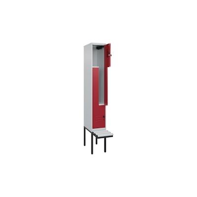 C+P Z-Spind Classic PLUS, Kunststoff schwebende Sitzbank, 2 Abteile, HxBxT 212x30x82cm, Sicherheitsdrehriegel, Hellgrau/Rubinrot von PROREGAL Image