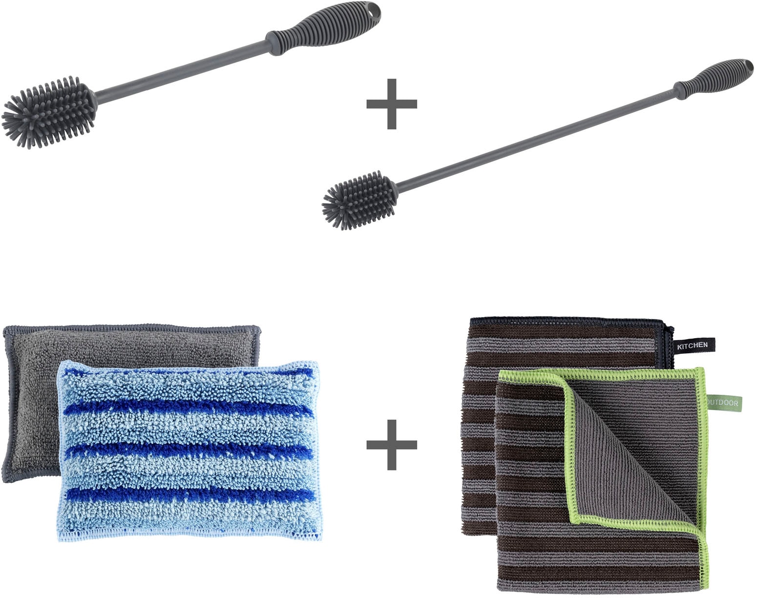 Reinigungstücher WENKO "Universal, Spül-Set", bunt (spülschwämme: blau, grau, mikrofasertücher: grau, schwarz, spülbürsten: grau), H:380mm Ø:3,5cm, gewebt, Mikrofaser, Putztücher, mit Spülbürsten aus Silikon Image