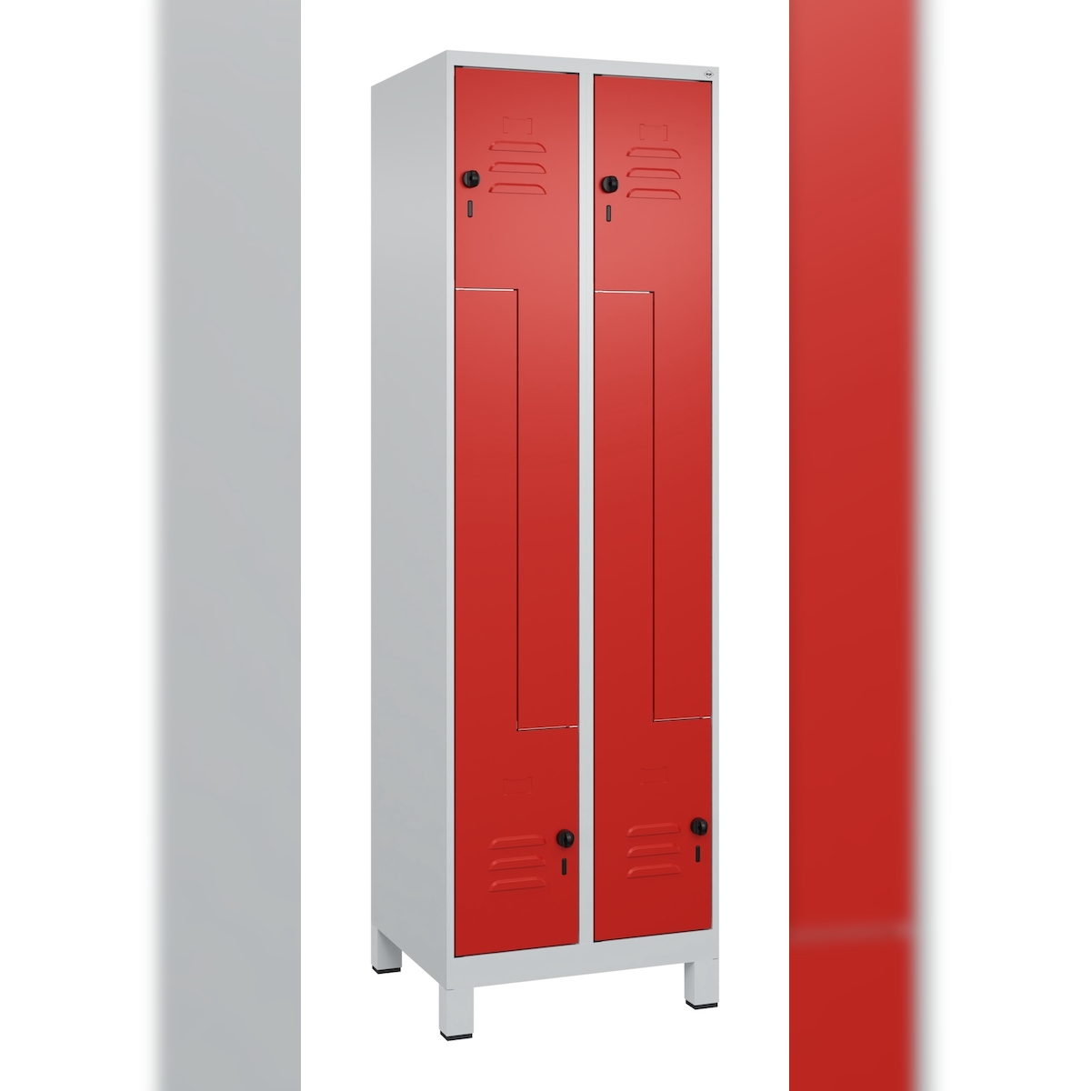 C+P Z-Spind Classic PLUS, Füßen, 4 Abteile, HxBxT 195x60x50cm, Sicherheitsdrehriegel, Hellgrau/Rot von PROREGAL Image