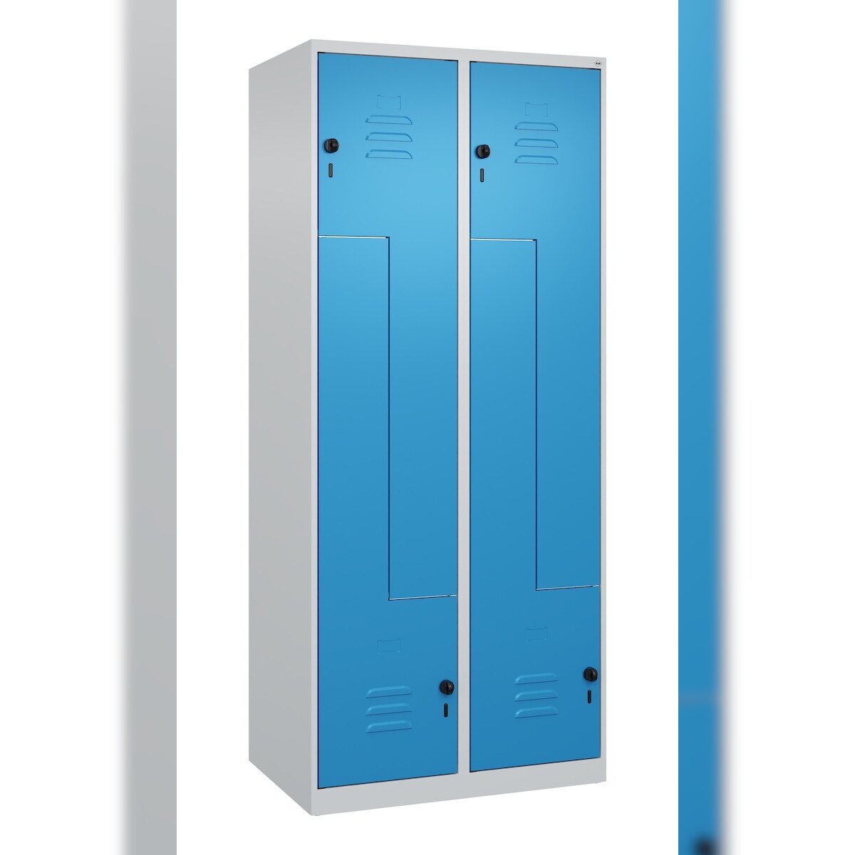 C+P Z-Spind Classic PLUS bodenstehend, 4 Abteile, HxBxT 185x80x50cm, Sicherheitsdrehriegel, Hellgrau/Lichtblau von PROREGAL Image