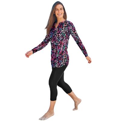 Plus Size Women's Split-Neck Long Sleeve Swim Tee with Built-In Bra by Swim 365 in Party Multi (Size 30)