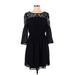Ann Taylor LOFT Casual Dress - Party Crew Neck 3/4 sleeves: Black Print Dresses - Women's Size Small