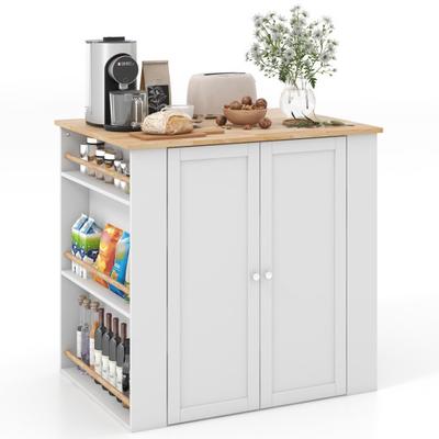 Costway Modern Kitchen Island with Rubber Wood Countertop and Storage-White