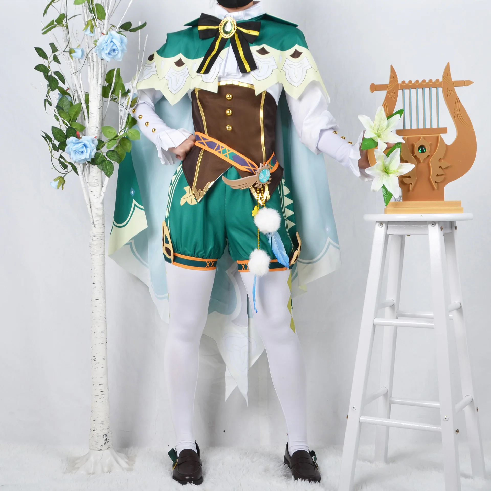 Venti Cosplay Kostüm Spiel Genshin Impact Cosplay Twenty Venti Shorts Perücke Umhang Uniform Halloween Karneval Kostüme für Frauen Image