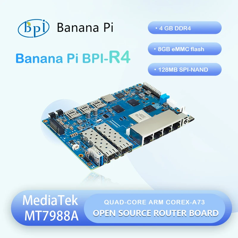 Banana Pi BPI-R4 MediaTek MT7988A (Filogic 880) Quad-Core Arm Corex-A73 4 GB DDR4 8 GB eMMC Flash Smart Router Board Image