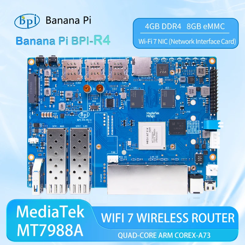 Banana Pi BPI-R4 MediaTek MT7988A (Filogic 880) Quad-Core Arm Corex-A73 4 GB DDR4 8 GB eMMC unterstützt Openwrt Smart Router Board Image