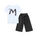 mveomtd Teen Kids Girls Letter Sequin T-shirt Short Sleeve Tops Stripe Pants Outfits Set Baby Girl Clothes 12 18 Months 2t Girl Clothes