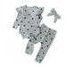 safuny Toddler Baby Kids Girls Heart Print Ruffle Romper Pants Headband Clothes Suit Solid Childs Clothes Playwear Long Sleeve 3Pc Outfits Sets Pajamas Trackuits Green 3-6 M