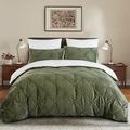 Lanqinglv Winter Duvet Cover Set Double Bed Flannel Fleece Reversible Green White Bedding set Warm Pintuck Pinch Pleated Quilt Duvet Cover with Zipper Closure and 2 Pillowcases 50x75cm
