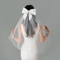 Voile de mariage court en Tulle pour femmes, Double couche, maille, couleur unie, avec Clip, bord de ruban, Center, Cascade, couvre-chef de mariée, fête