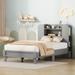 Grey Twin Size Platform Bed with Storage Bookshelf Headboard, Space-Saving Design, Sturdy Construction, Easy Assembly