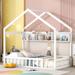 White Twin Size Pine Wood House Bed with Roof, Fence, and Storage Shelf, Playhouse Design, Space-saving, Superior Quality