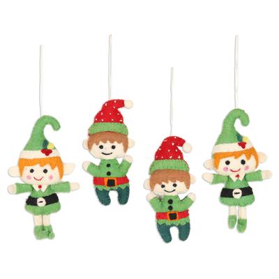 Elf Greetings,'Handmade Wool Felt Elf Ornaments (Set of 4)'