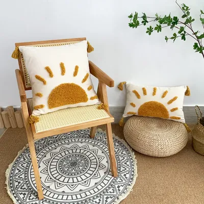 Sonne getufteter Kissenbezug aus Baumwollleinen, dekorative Kissen für Sofa, 45 x 45/30 x 50 cm, Wohnzimmer, Sofa, Nachttisch, Kissenbezüge, Dekor Image