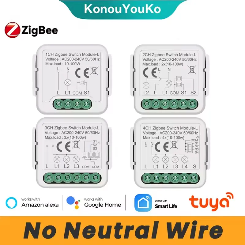 Tuya Zigbee Smart Mini Switch Modul Relais Kein Neutralleiter 2-Wege-Steuerung 1 2 3 4 Gang funktioniert mit Alexa Google Home Image