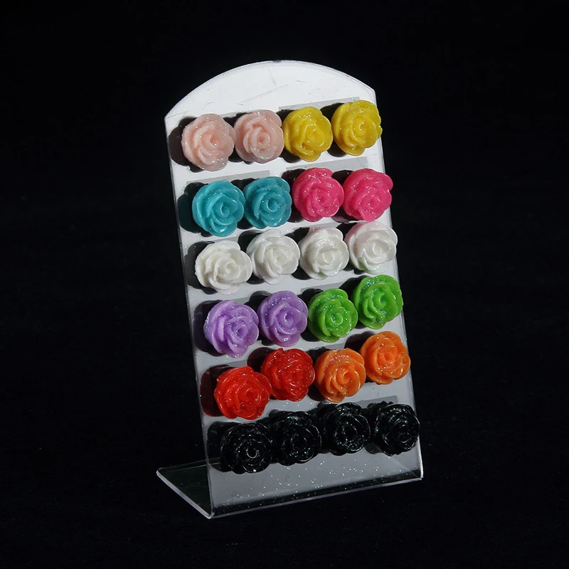 Hochwertiger, trendiger 12-Paar-Ohrstecker aus mehrfarbigem Rosen-Blumen-Harz für Frauen und Mädchen, Ohrschmuck im Großhandel Image