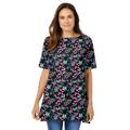 Plus Size Women's Perfect Printed Short-Sleeve Boatneck Tunic by Woman Within in Black Multi Floral (Size L)