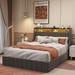 Gray Wingback Bed Frame with LED Headboard 2 Tiers Shelves, 4 Drawers