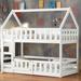 Twin over Twin House Shape Bunk Bed with Sky Roof, Pine Wood Kids Loft Bed Frame with Fence and Door for Kids Room, Grey