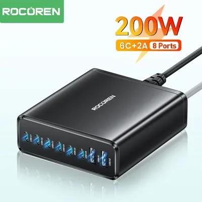 Rocoren 200w 8 in 1 Multi-Port-USB-Typ c pd Hoch geschwindigkeit ladegerät Desktop-Schnell ladestation für iPhone 15 Samsung Xiaomi Image